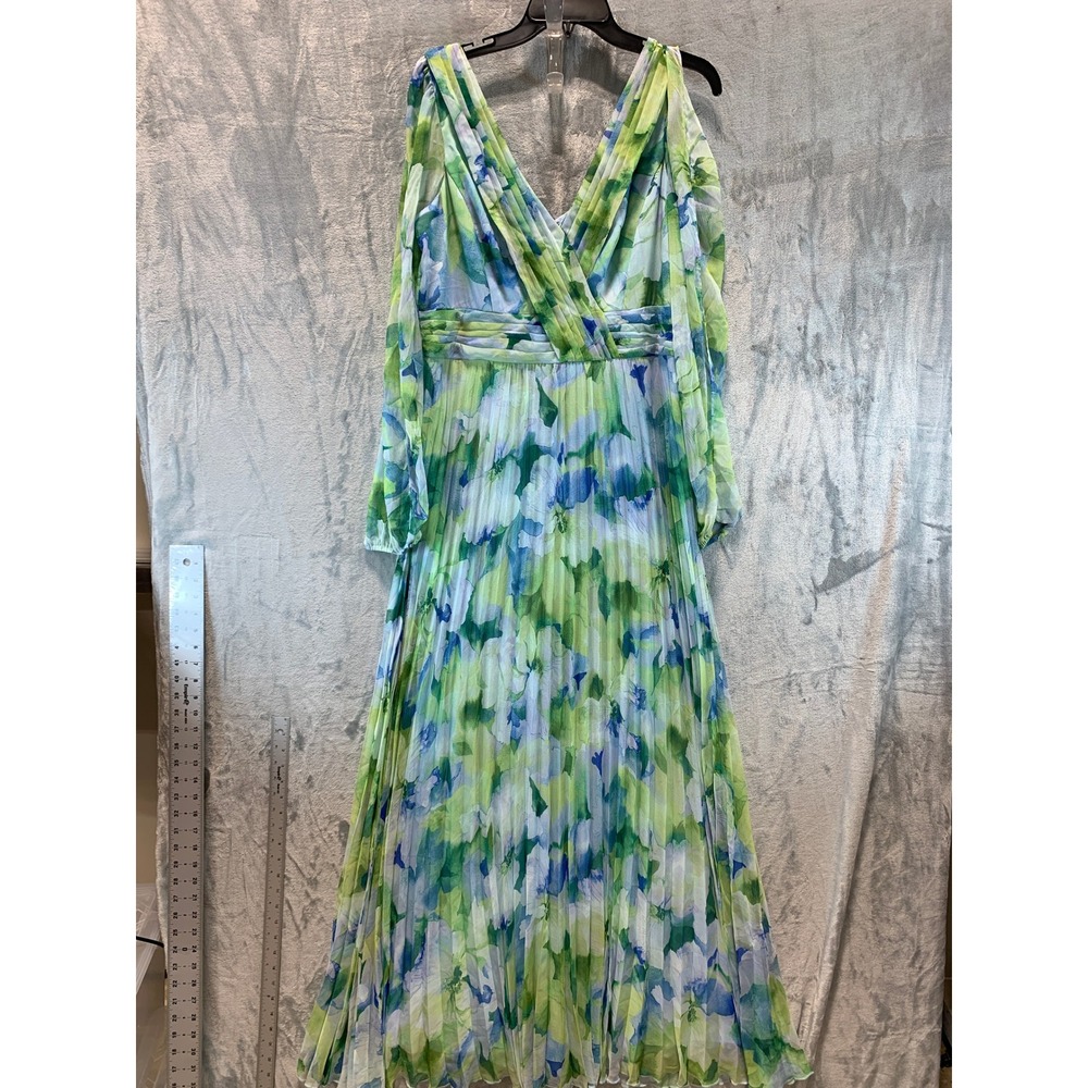 Betsy & Adam Floral Pleated Cold Shoulder Maxi Gown Green Blue 14 A26905